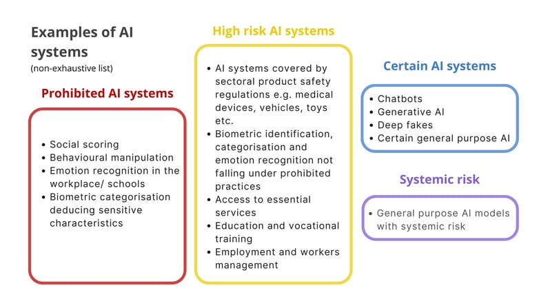 on-exhaustive list of examples of AI systems categorized by level and type of risk in the EU AI Act.