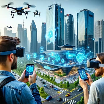 The image depicts a futuristic urban landscape bustling with advanced technology In the foreground a diverse group of people engages with wearable devices such as smart glasses and health monitors showcasing augmented reality applications Towering sk